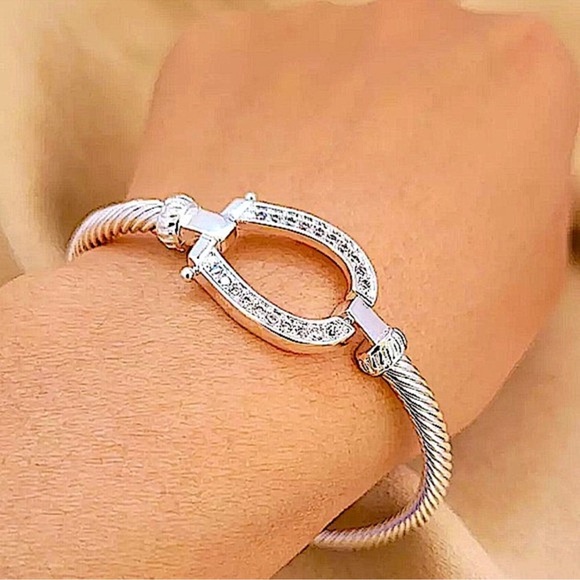 Horseshoe Sterling Silver Zircon Bangle Bracelet - Picture 1 of 9